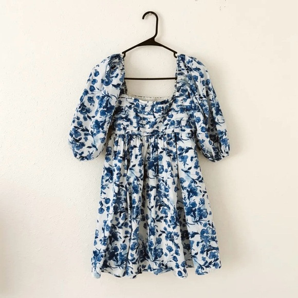 ABERCROMBIE POPLIN PUFF SLEEVE BLUE FLORAL MINI DRESS - Picture 2 of 7
